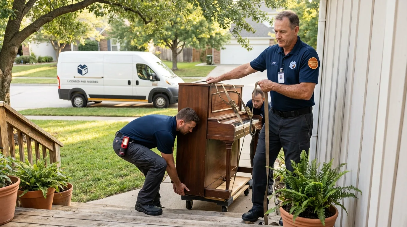 Licensed piano movers securing grand piano in Chelsea, MA
