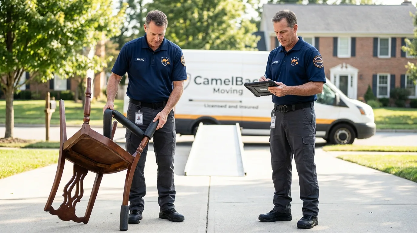 Movers inspecting furniture for damage prevention before loading in Chelsea, MA