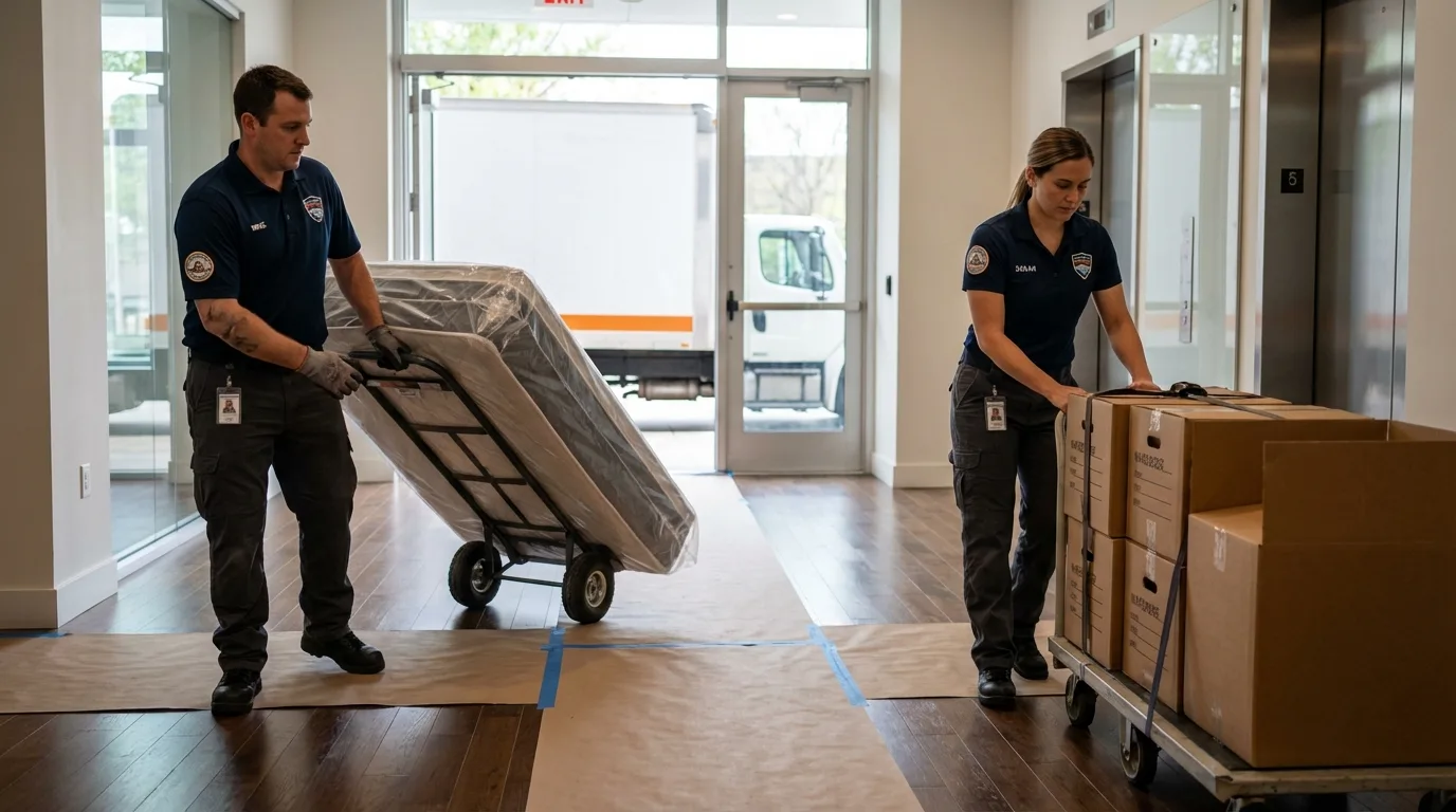 Professional apartment movers loading elevator in Chelsea, MA