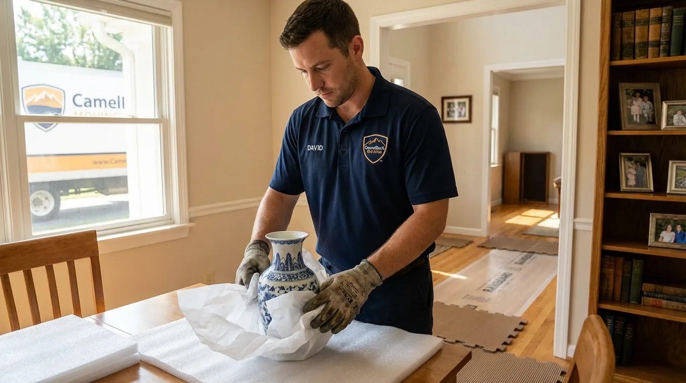 Professional crew carefully wrapping antique vase for senior downsizing move in Chelsea, MA